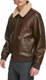 Men's Faux Leather Aviator Bomber Jacket with Sherpa Collar - Image 2