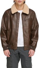 Men's Faux Leather Aviator Bomber Jacket with Sherpa Collar